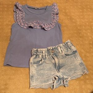 Crewcuts Blue Tank Top with Ruffle Neckline and Eyelet Details Size 4-5